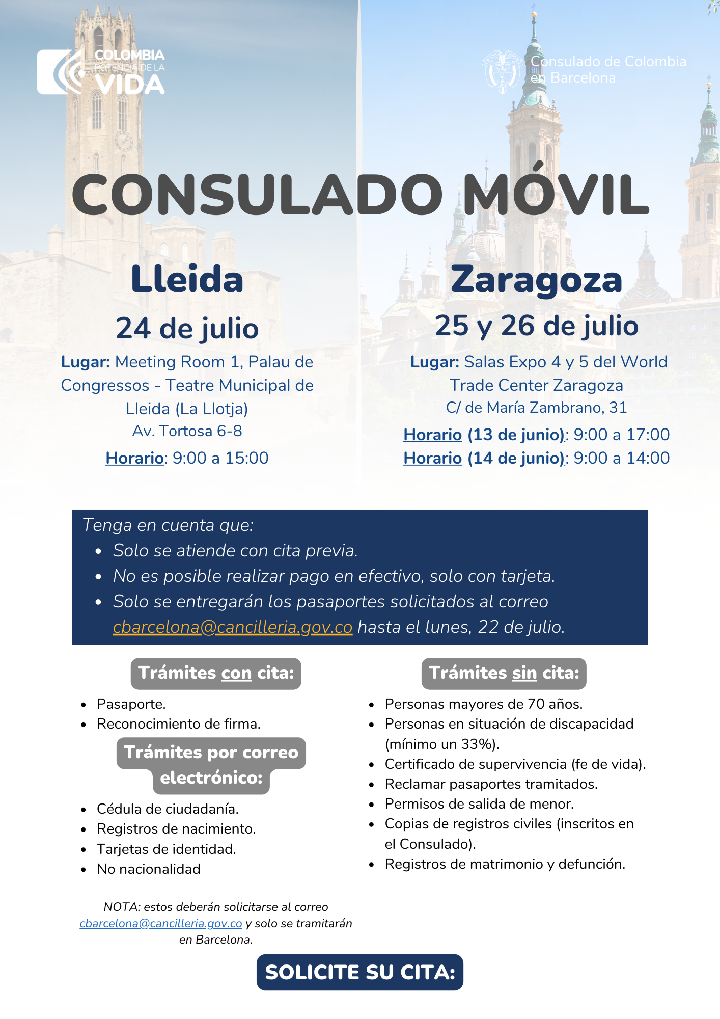 Del 24 al 26 de julio de 2024 se realizará el Consulado Móvil en Lleida y Zaragoza