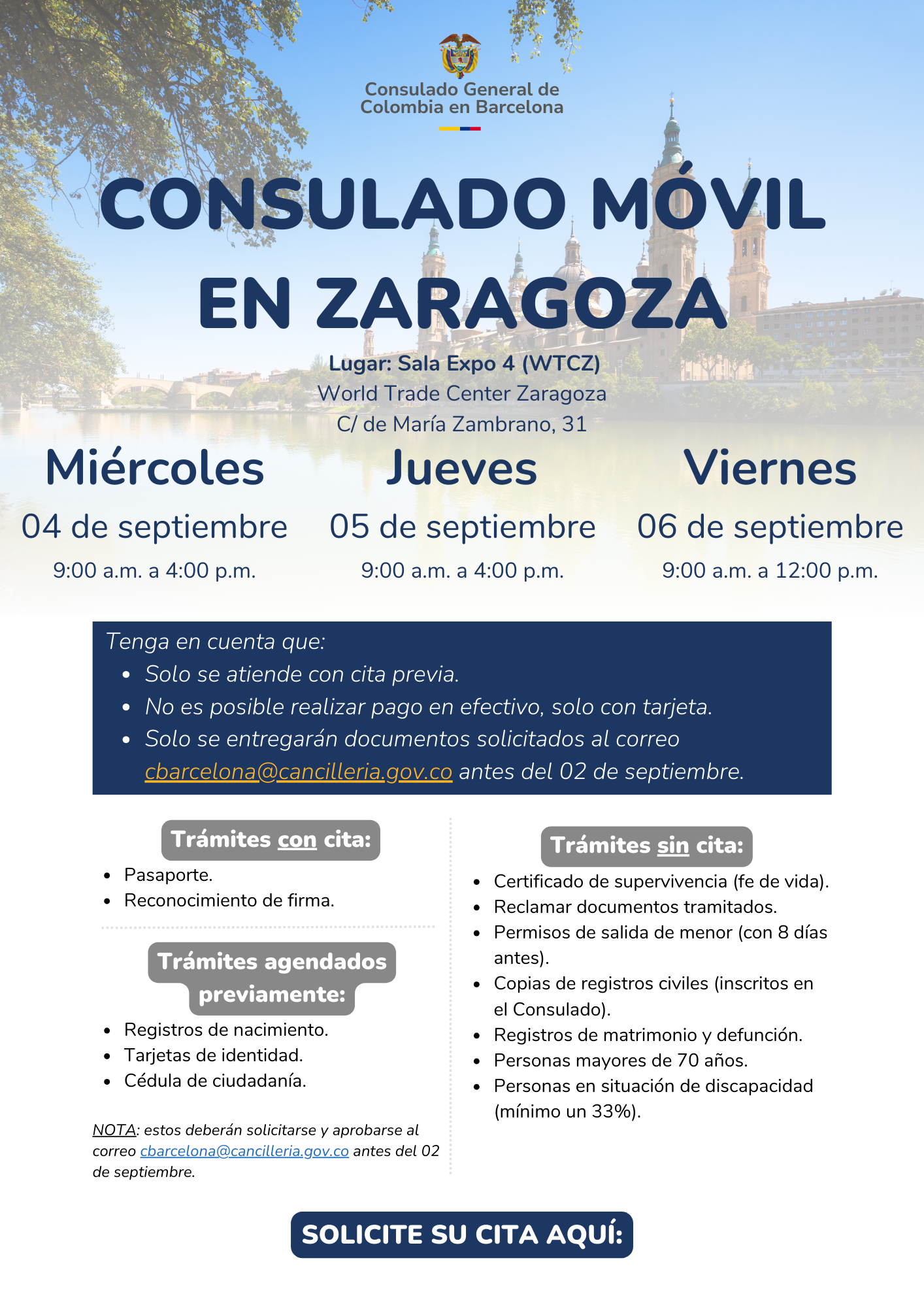 Banner con la información de fecha y horarios del Consulado móvil en Zaragoza