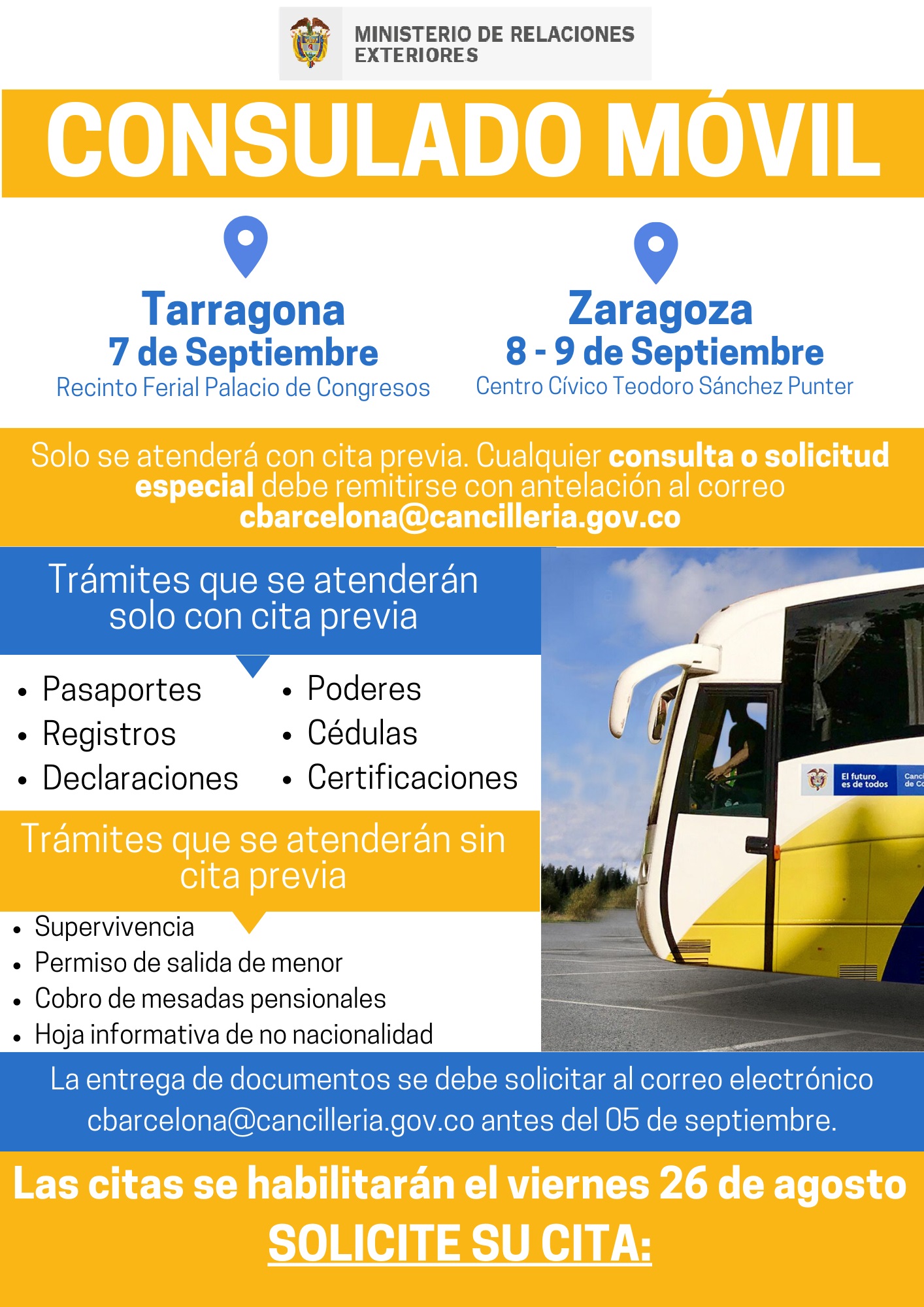 Jornada de Consulado Móvil en Tarragona y Zaragoza del 7 al 9 de septiembre de 2022