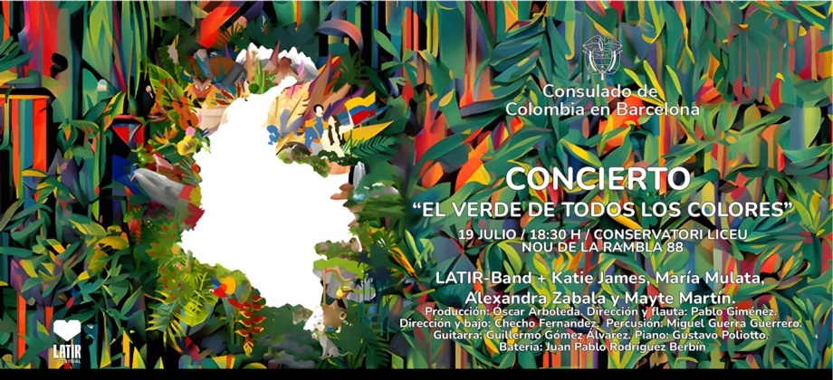 Afiche con la infromación del Concierto de Celebración de la Fiesta Nacional de Colombia en Barcelona “El verde de todos los colores” 