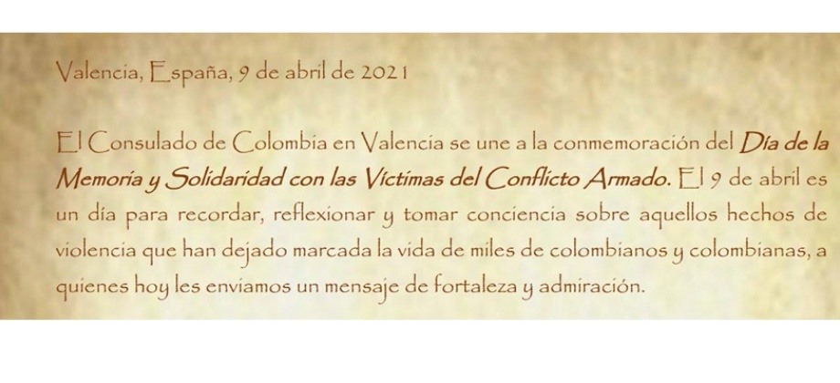 Consulado de Colombia en Valencia se une a la conmemoración del Día de la Memoria y Solidaridad con las Víctimas del Conflicto