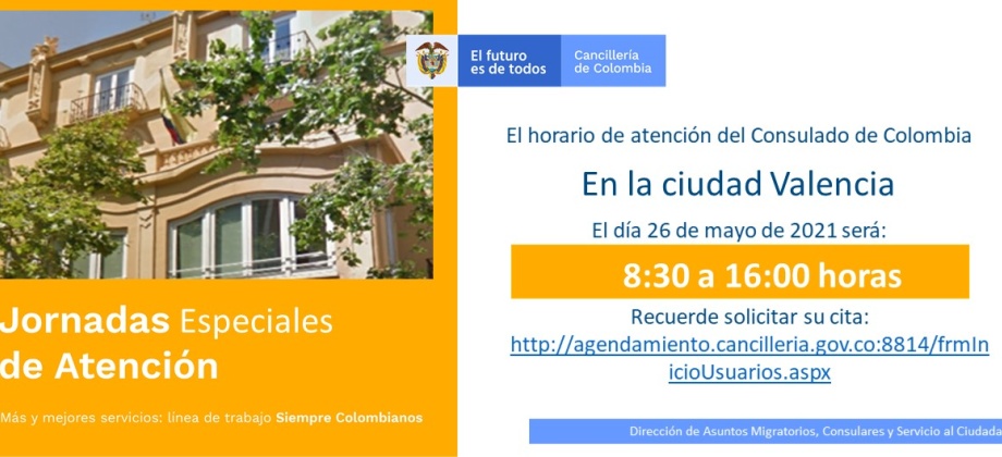 El Consulado de Colombia en Valencia-España atenderá el miércoles 26 de mayo en jordana continua 
