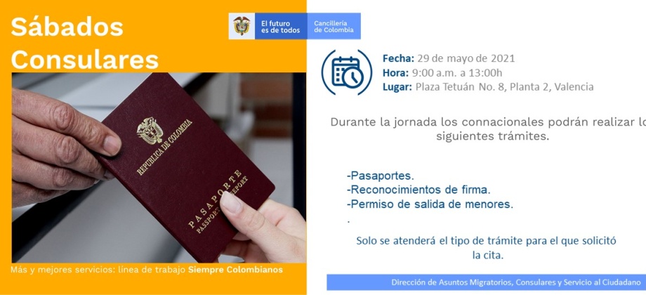 El Consulado de Colombia en Valencia invita al Sábado Consular del 29 de mayo 