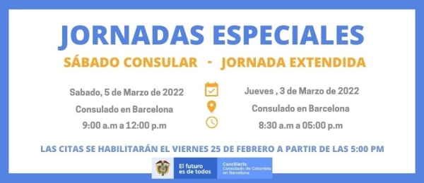 Consulado de Colombia en Barcelona invita a la Jornada Extendida y Sábado Consular en marzo