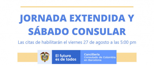 El Consulado de Colombia en Barcelona realizará una jornada extendida y otra de sábado consular, los días 2 y 4 de septiembre de 2021
