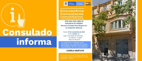 El Consulado de Colombia en Valencia abordará la violencia de género en su Encuentro Consular Comunitario el jueves 7 de noviembre de 2019